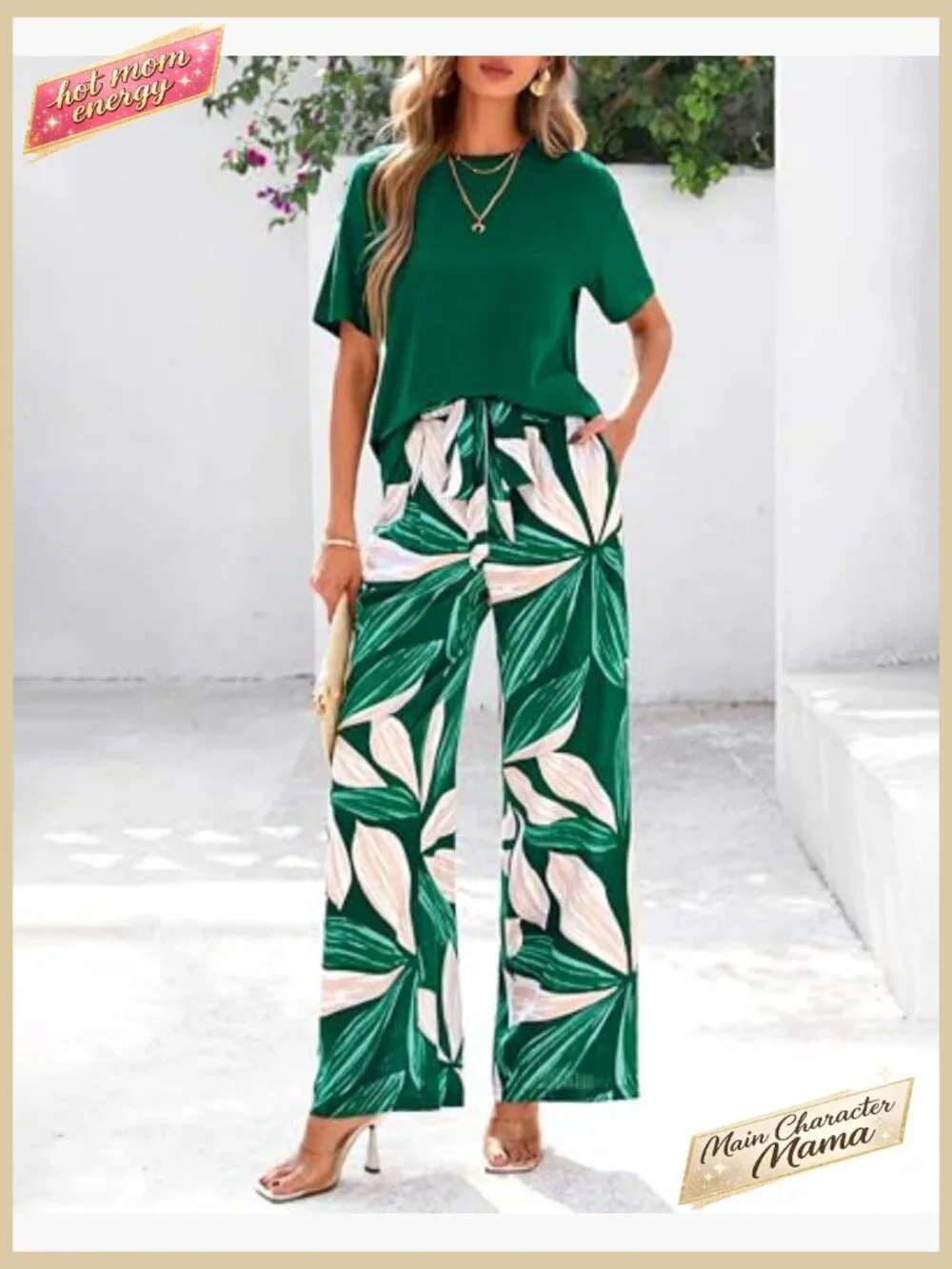 Floral Wide Leg Pant Set Relaxed Fit Knit Top Belted Waist Pockets - Picture 2 of 7